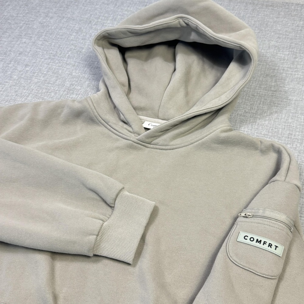 Comfrt Hoodie Mens Medium Gray Tan Pullover Hooded Pockets Heavyweight Fleece